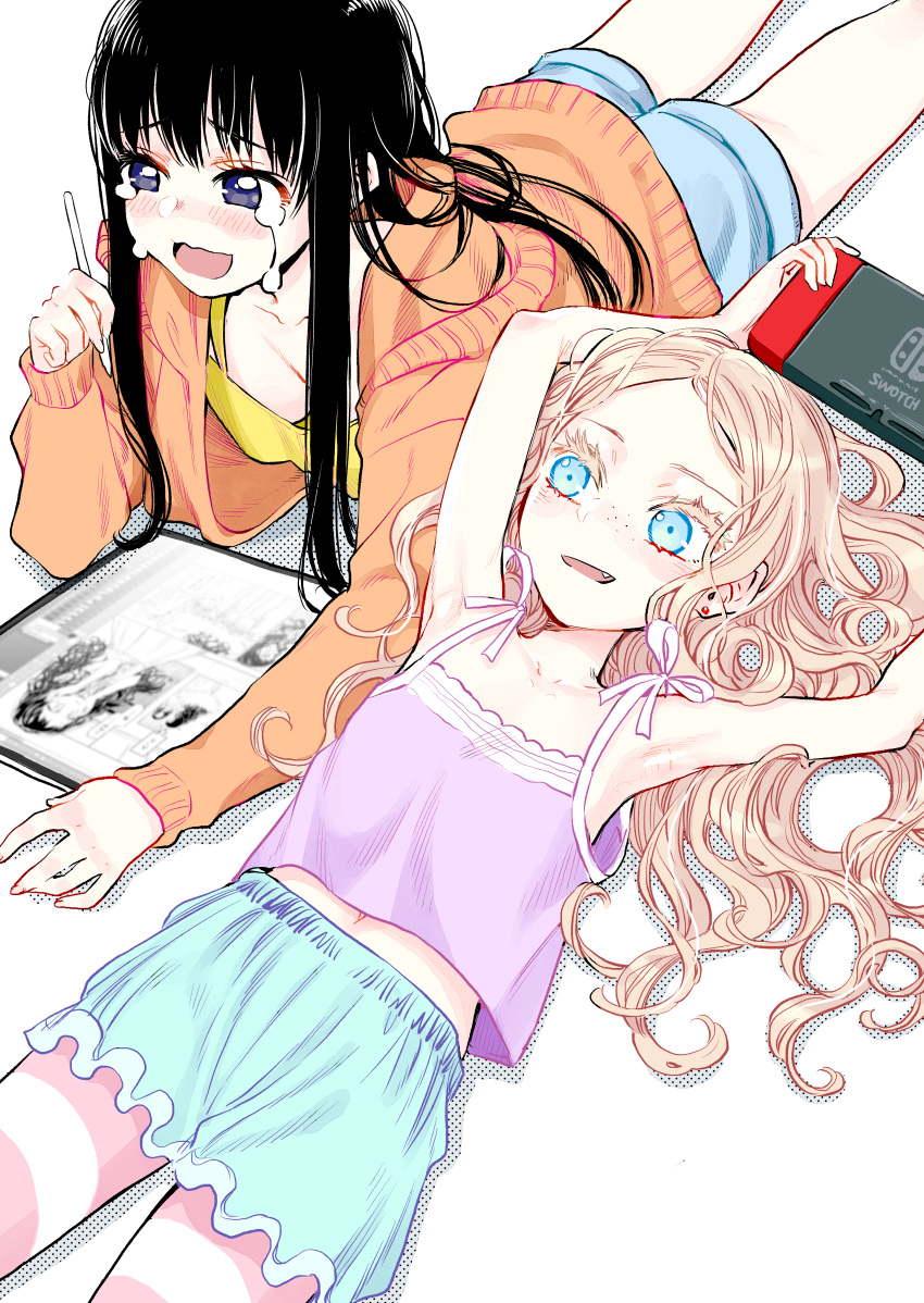 2girls absurdres armpits bare_arms black_hair blonde_hair blue_eyes blue_shorts camisole collarbone commentary_request controller drawing_tablet earrings fang freckles futari_escape game_controller halftone highres hood hoodie jewelry kouhai_(futari_escape) long_hair long_sleeves lying midriff_peek multiple_girls navel nintendo_switch on_back on_stomach orange_hoodie pantyhose parted_lips pink_camisole pink_legwear senpai_(futari_escape) shorts simple_background striped striped_legwear stud_earrings taguchi_shouichi tank_top white_background white_legwear yellow_tank_top
