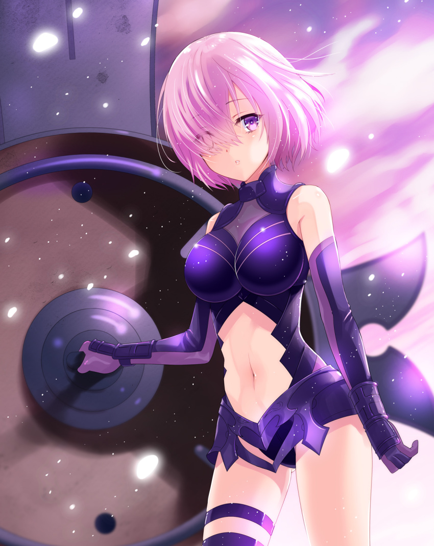 1girl armor bare_shoulders black_armor black_gloves breastplate closed_mouth clouds cloudy_sky commentary_request elbow_gloves eyebrows_visible_through_hair eyes_visible_through_hair fate/grand_order fate_(series) gloves grass hair_over_one_eye highres holding holding_shield holding_weapon light_purple_hair looking_at_viewer mash_kyrielight mountain out_of_frame outdoors pov purple_eyes purple_gloves shield short_hair sky smile two-tone_gloves uonuma_yu weapon