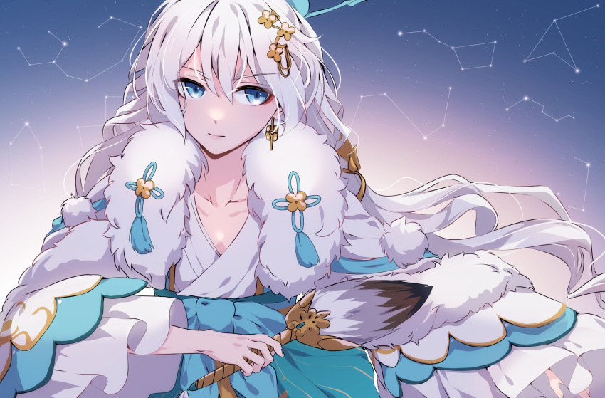 1girl aer007580 bangs blue_eyes chinese_clothes closed_mouth collarbone earrings eyebrows_visible_through_hair feather_fan fur_trim hair_ornament hand_fan highres holding holding_fan honkai_(series) honkai_impact_3rd jewelry long_hair solo tassel theresa_apocalypse theresa_apocalypse_(starlit_astrologos) white_hair wide_sleeves zhuge_kongming_(honkai_impact)