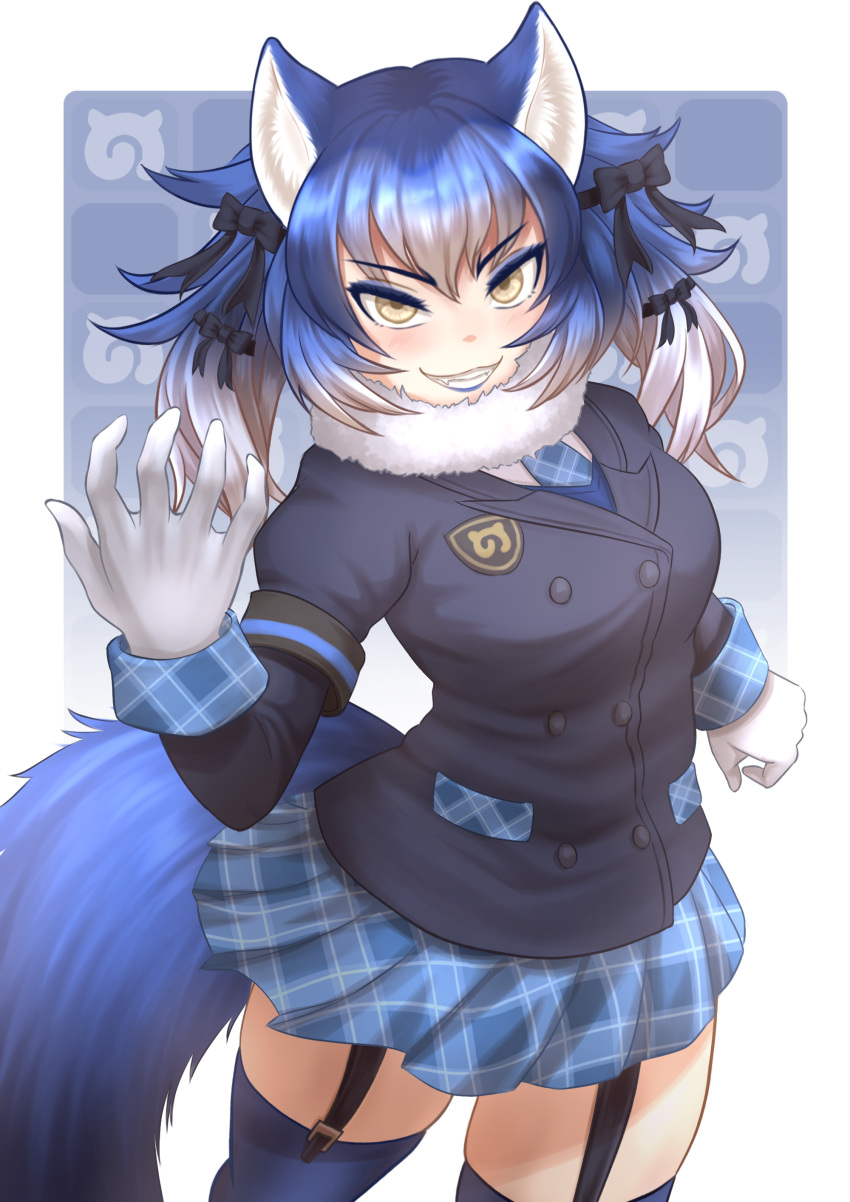 1girl absurdres animal_ear_fluff animal_ears arms_at_sides bangs black_jacket blue_hair blue_lips bow buttons dire_wolf_(kemono_friends) fangs fur_trim garter_straps gloves grin hair_bow hand_up highres ibuki_s_forpm jacket japari_symbol kemono_friends lipstick long_sleeves looking_at_viewer makeup medium_hair miniskirt multicolored_hair necktie plaid plaid_necktie plaid_skirt plaid_sleeves pleated_skirt pocket skirt smile solo tail thigh-highs two-tone_hair v-shaped_eyebrows white_gloves white_hair wolf_ears wolf_girl wolf_tail yellow_eyes zettai_ryouiki