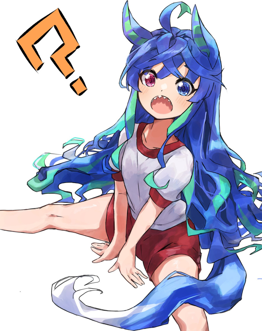 1girl ? ahoge alternate_hairstyle animal_ears arm_support bangs blue_eyes blue_hair blush commentary_request feet_out_of_frame gym_shirt gym_shorts hakoneko_(marisa19899200) heterochromia highres horse_ears horse_girl horse_tail long_hair looking_at_viewer open_mouth red_shorts sharp_teeth shirt short_sleeves shorts simple_background sitting solo spread_legs tail teeth twin_turbo_(umamusume) umamusume v_arms violet_eyes white_background white_shirt