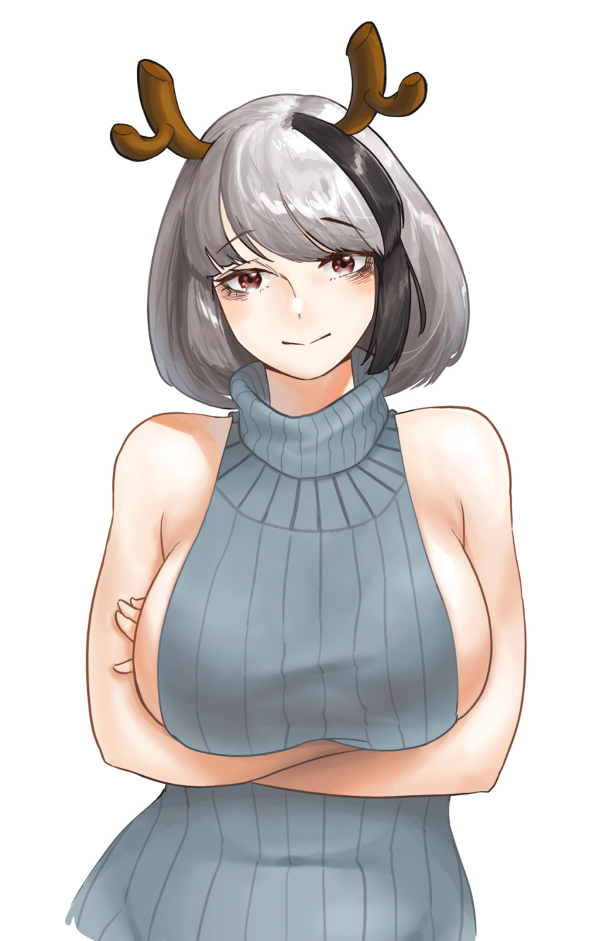 1girl antlers bangs blush breasts brown_eyes crossed_arms highres huge_breasts looking_at_viewer marrow_hotpot meme_attire original short_hair sideboob simple_background smile solo standing upper_body virgin_killer_outfit virgin_killer_sweater white_background white_hair