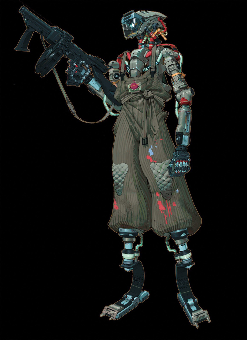 black_background blue_eyes cable english_commentary gun highres holding holding_gun holding_weapon humanoid_robot lancer_rpg looking_ahead no_humans olympia_sweetman one-eyed open_hand original overalls science_fiction solo standing weapon