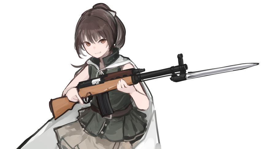 1girl bangs battle_rifle bayonet belt brown_eyes brown_hair brown_skirt cloak eyebrows_visible_through_hair feet_out_of_frame girls_frontline gun hair_ornament hairclip highres holding holding_gun holding_weapon long_hair looking_at_viewer open_mouth ponytail rampart1028 rifle skirt smile solo standing type_63_(girls'_frontline) type_63_assault_rifle upper_body weapon white_background white_cloak
