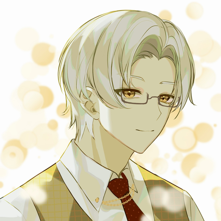 1boy bangs brown_vest closed_mouth forehead glasses highres looking_at_viewer necktie polo_shirt red_necktie shirt short_hair smile solo tears_of_themis tercynya vest vyn_richter_(tears_of_themis) white_hair white_shirt yellow_eyes