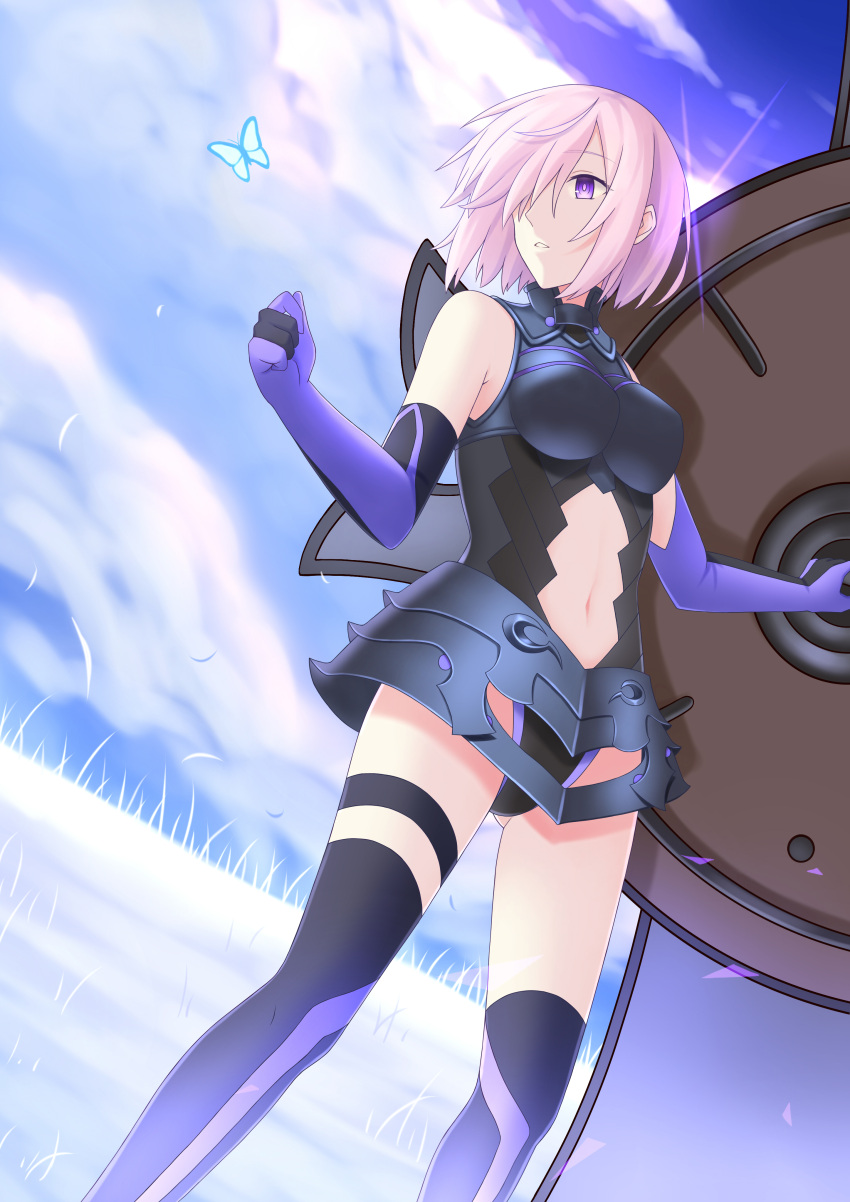 1girl armor bare_shoulders black_armor black_gloves breastplate closed_mouth clouds cloudy_sky commentary_request elbow_gloves eyebrows_visible_through_hair eyes_visible_through_hair fate/grand_order fate_(series) gloves grass hair_over_one_eye highres holding holding_shield holding_weapon light_purple_hair looking_at_viewer mash_kyrielight mountain out_of_frame outdoors pov purple_eyes purple_gloves shield shielder_(fate/grand_order) short_hair sky smile titapi two-tone_gloves weapon