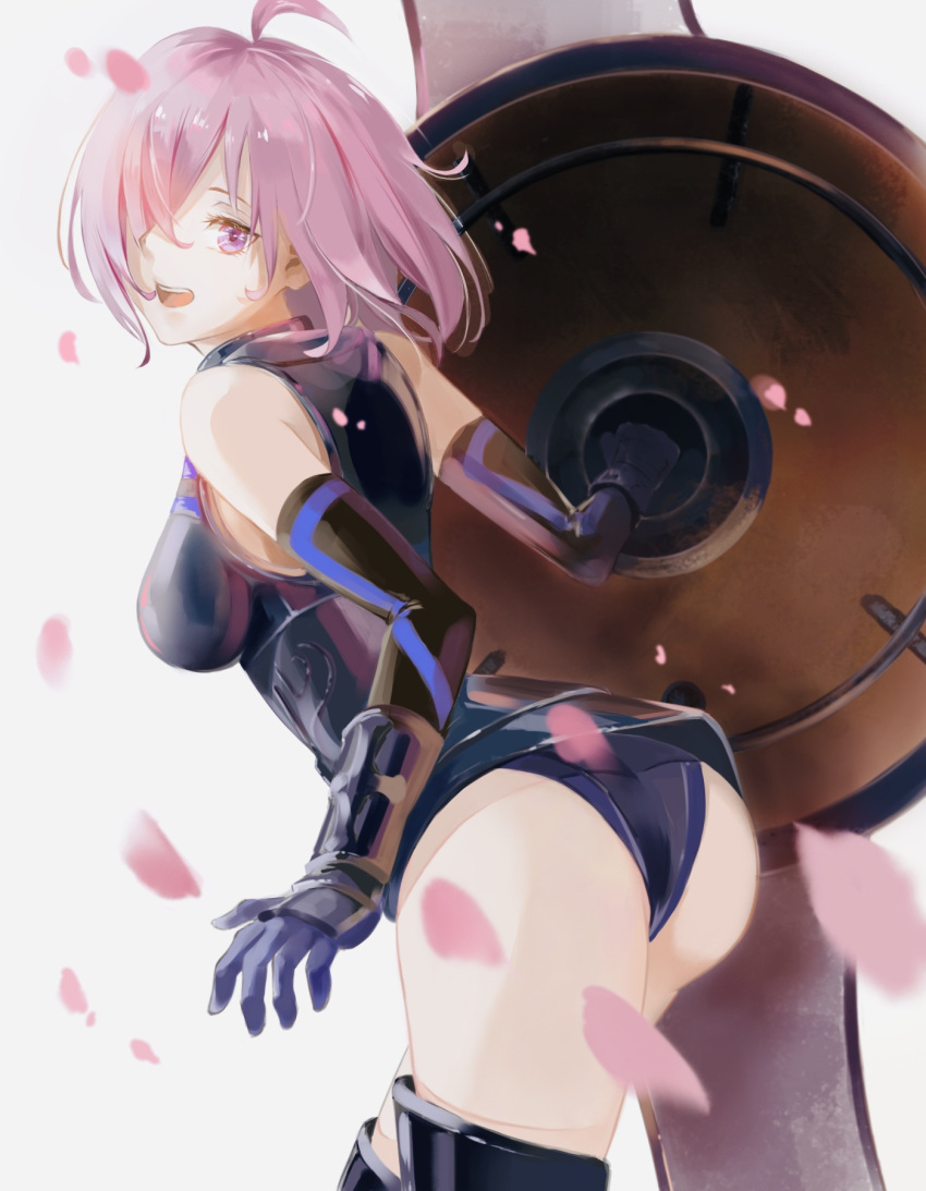 1girl 1other armor bare_shoulders black_armor black_gloves breastplate closed_mouth clouds cloudy_sky commentary_request elbow_gloves eyebrows_visible_through_hair eyes_visible_through_hair fate/grand_order fate_(series) gloves grass hair_over_one_eye highres holding holding_shield holding_weapon keeuuu_ light_purple_hair looking_at_viewer mash_kyrielight mountain out_of_frame outdoors pov purple_eyes purple_gloves shield short_hair sky smile two-tone_gloves weapon