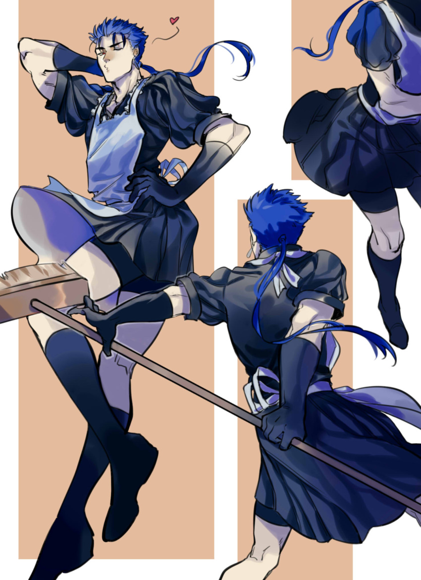 alternate_costume apron blowing_kiss blue_hair broom crossdressing cu_chulainn_(fate) cu_chulainn_(fate/stay_night) dancing edwintarm elbow_gloves enmaided fate/grand_order fate_(series) gloves highres long_hair maid maid_apron male_focus multiple_views ponytail puffy_sleeves red_eyes short_sleeves shorts shorts_under_skirt