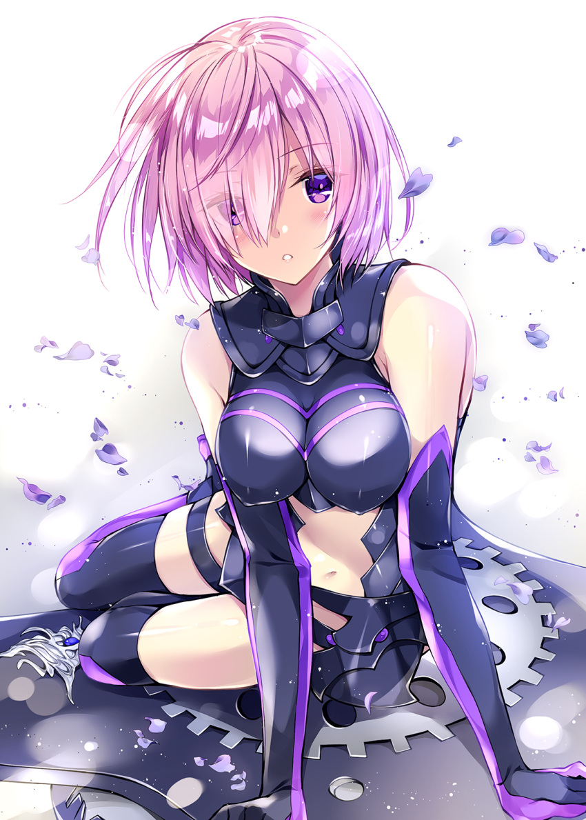 1girl 1other armor bare_shoulders black_armor black_gloves breastplate closed_mouth clouds cloudy_sky commentary_request elbow_gloves eyebrows_visible_through_hair eyes_visible_through_hair fate/grand_order fate_(series) gloves grass hair_over_one_eye highres holding holding_shield holding_weapon light_purple_hair looking_at_viewer mash_kyrielight mountain out_of_frame outdoors pockyfactory pov purple_eyes purple_gloves shield short_hair sky smile two-tone_gloves weapon