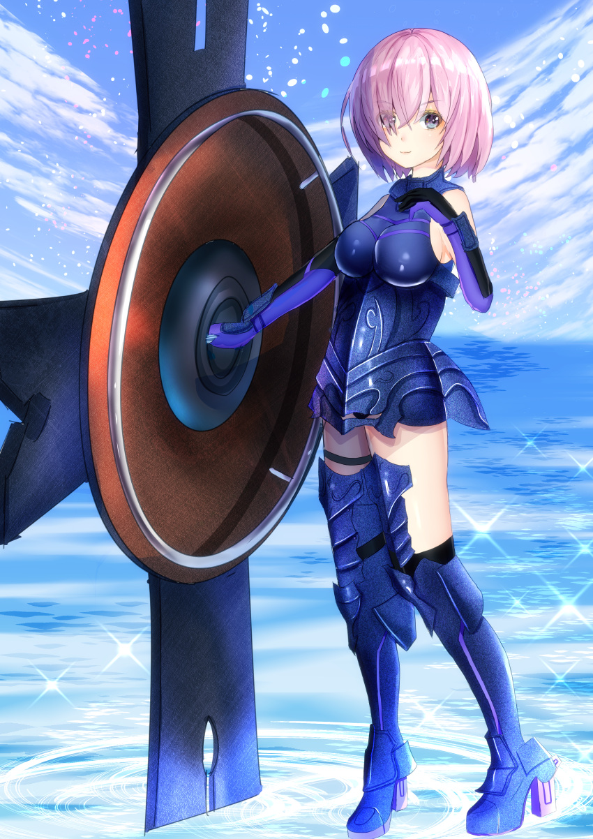 1girl 1other armor bare_shoulders black_armor black_gloves breastplate closed_mouth clouds cloudy_sky commentary_request elbow_gloves eyebrows_visible_through_hair eyes_visible_through_hair fate/grand_order fate_(series) gloves grass hair_over_one_eye highres holding holding_shield holding_weapon light_purple_hair looking_at_viewer mash_kyrielight mitsu336 mountain out_of_frame outdoors pov purple_eyes purple_gloves shield short_hair sky smile two-tone_gloves weapon