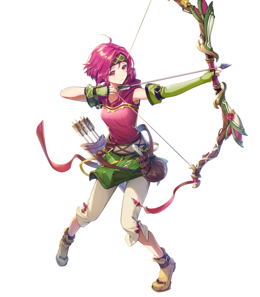 1girl ahoge armor arrow_(projectile) asymmetrical_gloves bangs belt belt_pouch bow_(weapon) breasts capri_pants closed_mouth elbow_gloves fingerless_gloves fire_emblem fire_emblem:_the_sacred_stones fire_emblem_heroes full_body gloves hagiya_kaoru headband highres holding holding_bow_(weapon) holding_weapon hood hood_down looking_away medium_breasts neimi_(fire_emblem) official_art pants pink_eyes pink_hair pouch quiver shiny shiny_hair shoes short_hair short_sleeves shoulder_armor solo transparent_background weapon