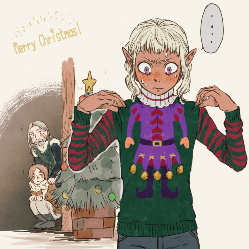 ... 3boys blush brown_hair christmas christmas_tree dark_elf delgal_(dungeon_meshi) dungeon_meshi elf embarrassed english_text facial_hair flatamany goatee highres multiple_boys mustache pointy_ears speech_bubble star_(symbol) sweatdrop thistle_(dungeon_meshi) ugly_sweater violet_eyes white_hair yaad_(dungeon_meshi)