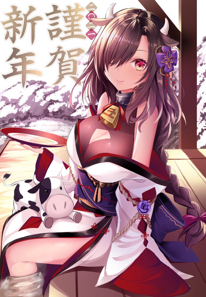 1girl 2020 2021 absurdres alcohol animal_ears bangs bell braid braided_ponytail breasts brown_hair chinese_zodiac cleavage_cutout closed_mouth clothing_cutout collar commentary cow cow_ears cow_horns cup day grey_collar hair_ornament hair_over_one_eye hair_ribbon halterneck happy_new_year haruka_natsuki highres horns japanese_clothes kimono large_breasts long_hair long_sleeves looking_at_viewer metal_collar neck_bell new_year off_shoulder original outdoors purple_ribbon red_eyes red_shirt ribbon sakazuki sake shirt side_slit single_braid smile soaking_feet solo translated water white_kimono wooden_floor year_of_the_ox