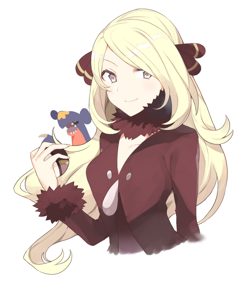 1girl absurdres blonde_hair brown_coat brown_collar brown_shirt closed_mouth coat collar collarbone commentary_request cynthia_(pokemon) fur-trimmed_coat fur_collar fur_trim garchomp grey_eyes hair_ornament hand_up highres holding holding_poke_ball long_hair long_sleeves looking_at_viewer poke_ball pokemon pokemon_(creature) pokemon_(game) pokemon_dppt rin_(yukameiko) shiny shiny_hair shirt smile ultra_ball upper_body