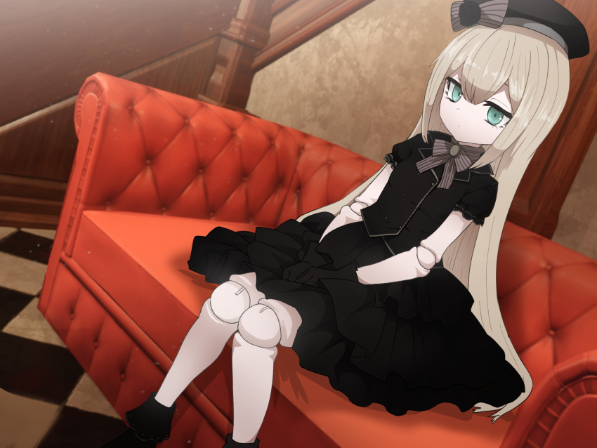 1girl black_dress black_gloves black_headwear blonde_hair bow bowtie colored_skin couch doll doll_joints dress empty_eyes expressionless gloves green_eyes grey_bow grey_bowtie hands_on_lap hat hat_bow highres joints long_hair on_couch original short_sleeves sitting solo sumiyao_(amam) very_long_hair white_skin