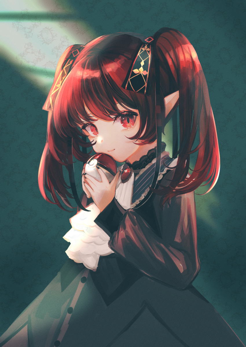 1girl bangs black_bow black_dress bow closed_mouth dress eyebrows_visible_through_hair hair_bow hemorina highres holding holding_poke_ball long_sleeves looking_at_viewer pointy_ears poke_ball poke_ball_(basic) pokemon puffy_long_sleeves puffy_sleeves puzzle_&amp;_dragons red_eyes redhead smile solo twintails