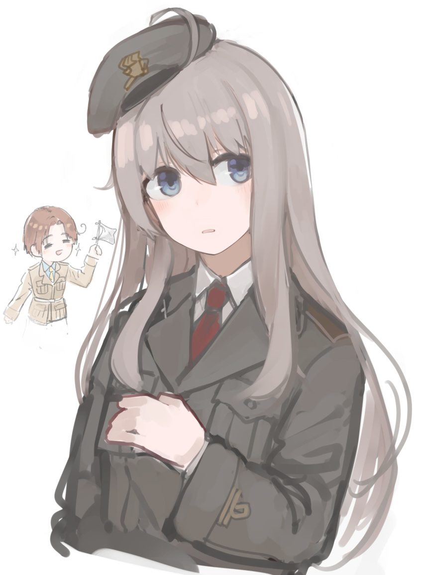 1girl ahoge bangs beret beretta_model_38_(girls'_frontline) blue_eyes blush character_request eyebrows_visible_through_hair girls_frontline grey_hair grey_headwear grey_jacket hair_between_eyes hat highres jacket long_hair long_sleeves looking_at_viewer military military_uniform necktie open_mouth rampart1028 red_necktie shirt solo uniform upper_body white_background white_shirt
