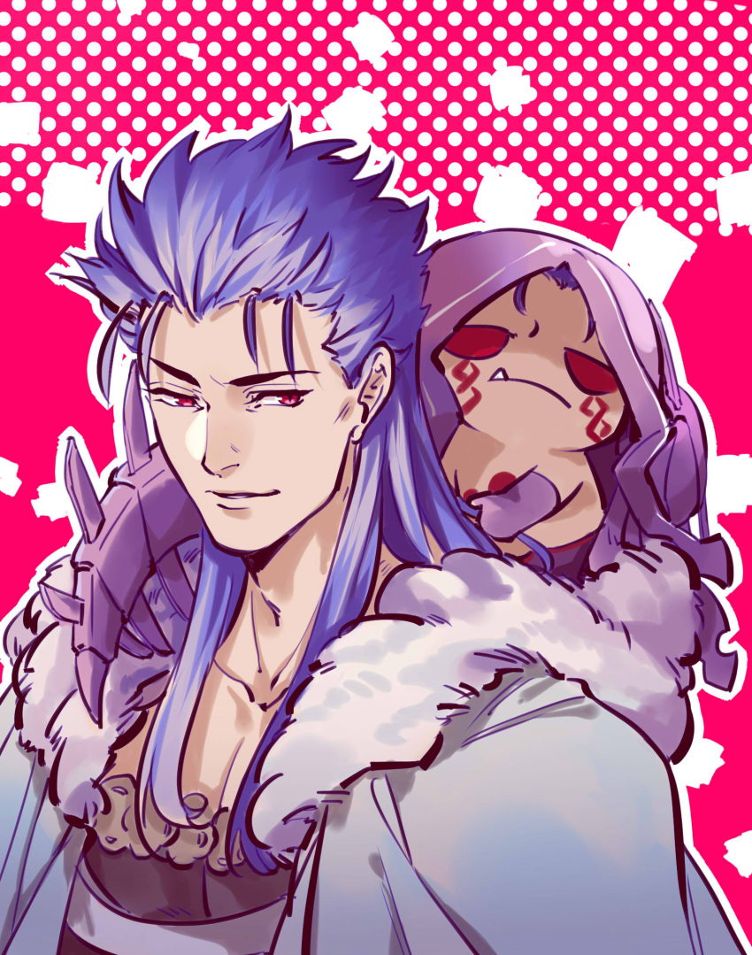 2boys blue_hair bodypaint capelet chibi cu_chulainn_(caster)_(fate) cu_chulainn_(fate) dual_persona edwintarm fang fate/grand_order fate_(series) fur-trimmed_hood fur_trim hair_down highres hood hooded_capelet jitome long_hair male_focus mini_cu-chan_(fate) multiple_boys red_eyes smile tail