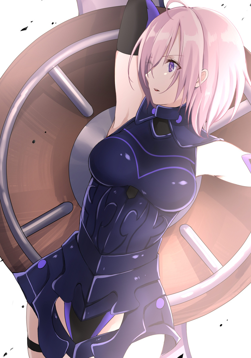 1girl 1other armor bare_shoulders black_armor black_gloves breastplate closed_mouth clouds cloudy_sky commentary_request elbow_gloves eyebrows_visible_through_hair eyes_visible_through_hair fate/grand_order fate_(series) gloves grass hair_over_one_eye highres holding holding_shield holding_weapon light_purple_hair looking_at_viewer mash_kyrielight mountain out_of_frame outdoors pov purple_eyes purple_gloves rikotan_cos shield short_hair sky smile two-tone_gloves weapon