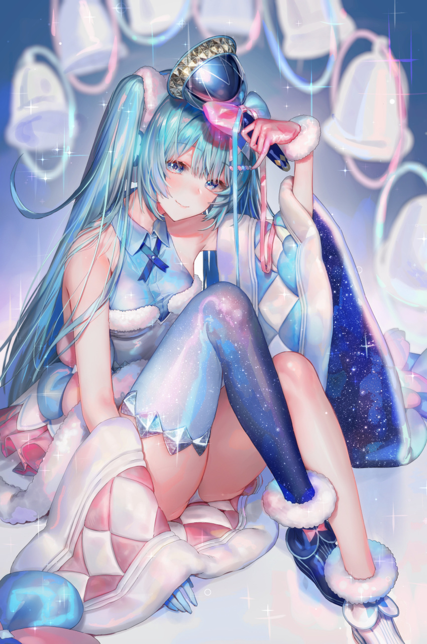 1girl aqua_hair asymmetrical_footwear asymmetrical_gloves bangs bare_shoulders bell blue_eyes blue_flower blue_gloves blue_legwear blurry blush breasts depth_of_field detached_sleeves dress feet_out_of_frame flower fur-trimmed_footwear fur-trimmed_gloves fur_trim gloves hair_ornament hand_up hatsune_miku highres holding holding_bell knees_up looking_at_viewer magical_mirai_(vocaloid) mismatched_footwear mismatched_gloves oohhya panties pantyshot pinky_out red_gloves shawl single_thighhigh sitting smile sparkle starry_sky_print thigh-highs twintails two-tone_bow underwear vocaloid white_footwear white_panties