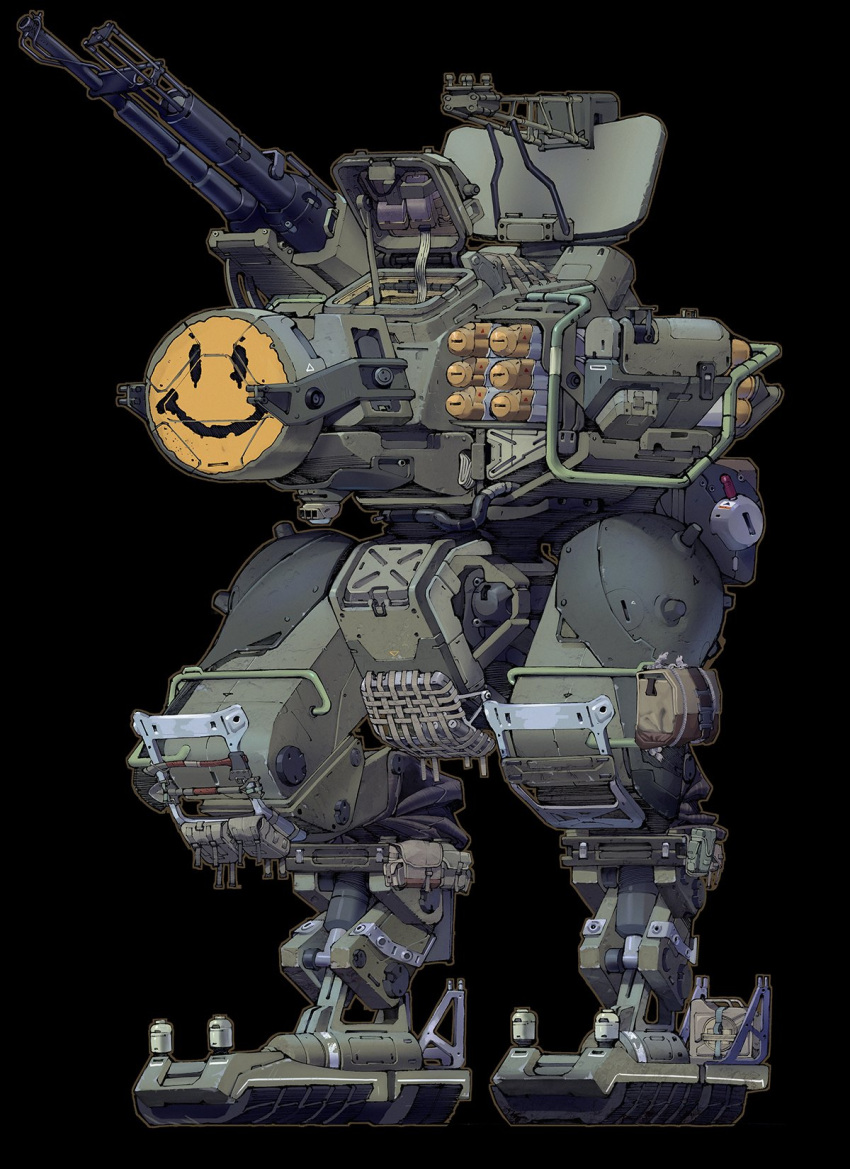 black_background cable commission english_commentary hatch highres lancer_rpg mecha missile_pod no_humans olympia_sweetman original science_fiction shoulder_cannon solo standing