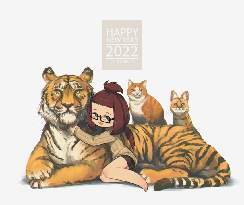 1girl 2022 :3 :d animal animal_hug artist_name barefoot beige_sweater bike_shorts black-framed_eyewear blue_eyes brown_hair cat chinese_zodiac commentary english_commentary freckles glasses grey_background happy_new_year highres hug long_sleeves looking_at_viewer new_year open_mouth original porforever ribbed_sweater serval simple_background smile solo sweater tiger year_of_the_tiger