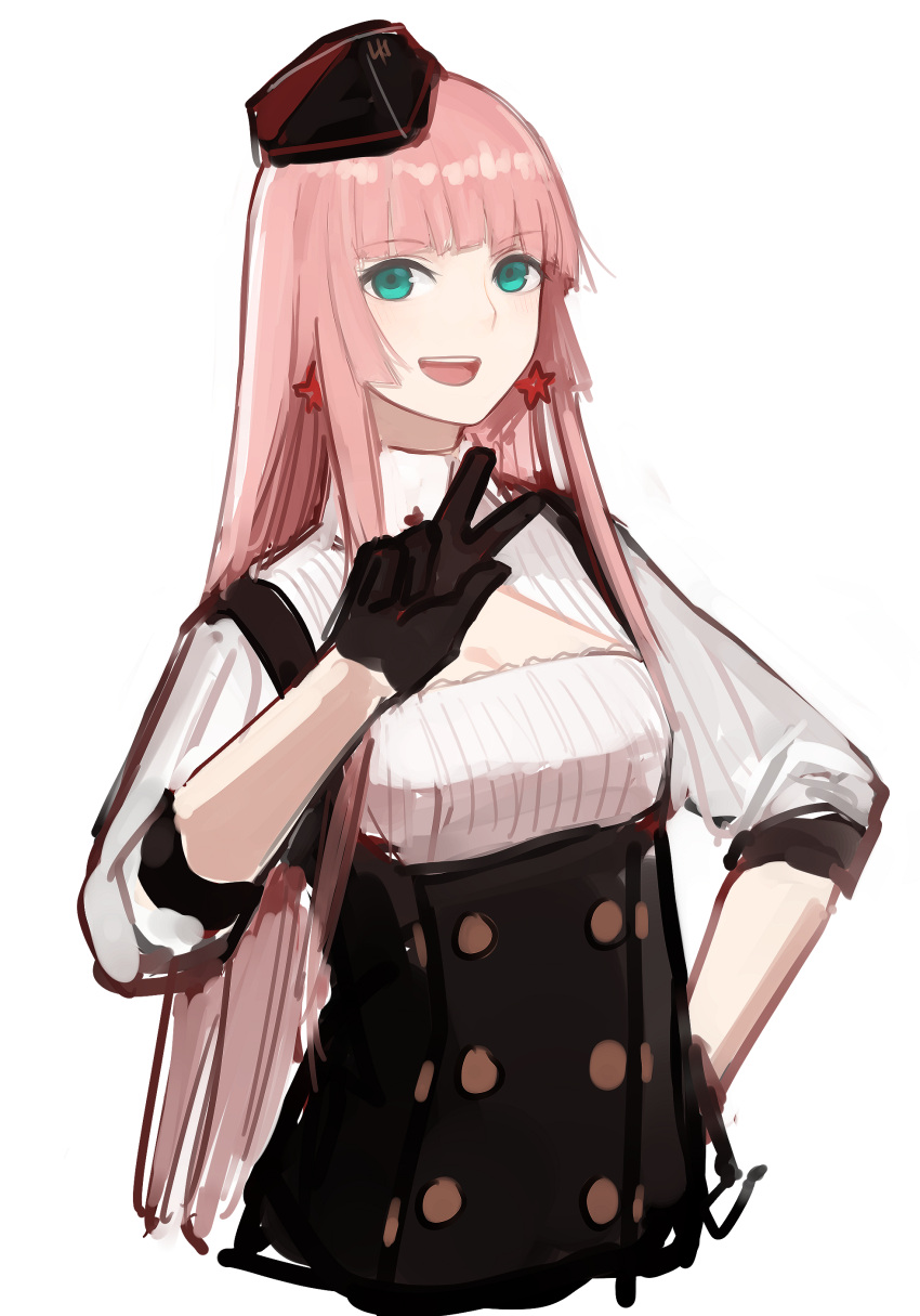 1girl absurdres aqua_eyes arm_up bangs black_gloves black_headwear black_skirt breasts earrings eyebrows_visible_through_hair girls_frontline gloves hand_on_hip highres jewelry long_hair looking_at_viewer open_mouth pink_hair rampart1028 shirt simonov_(girls'_frontline) skirt smile solo star_(symbol) star_earrings suspender_skirt suspenders teeth upper_body upper_teeth v white_background white_shirt