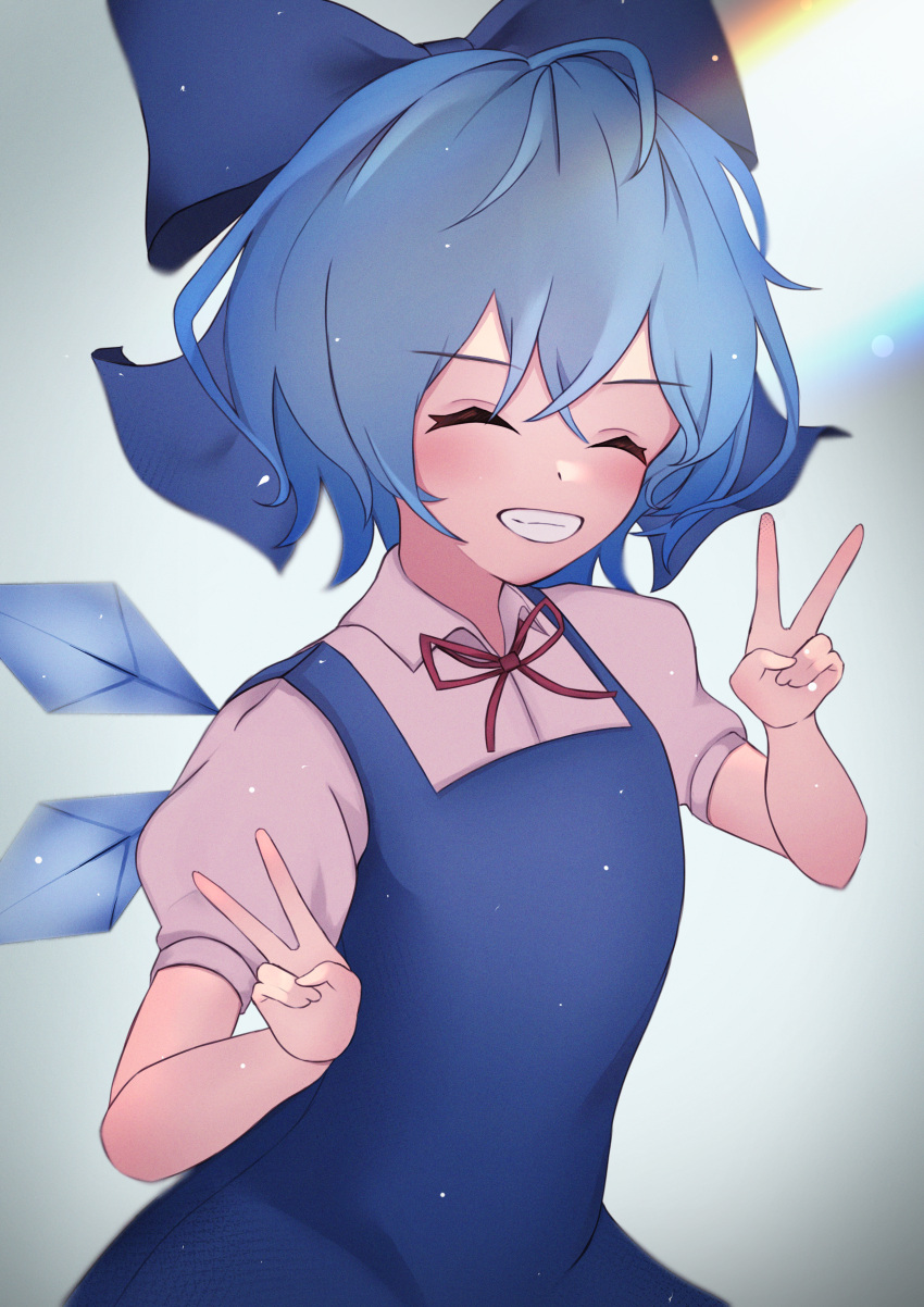 1girl absurdres bangs bloom blue_bow blue_dress blue_hair blush bow bowtie breasts cirno closed_eyes closed_mouth collar collared_shirt double_v dress eyebrows_visible_through_hair gradient gradient_background grey_background hair_between_eyes hands_up highres ice ice_wings medium_breasts palulap puffy_short_sleeves puffy_sleeves red_bow red_bowtie shirt short_hair short_sleeves smile solo standing teeth touhou v white_background wings