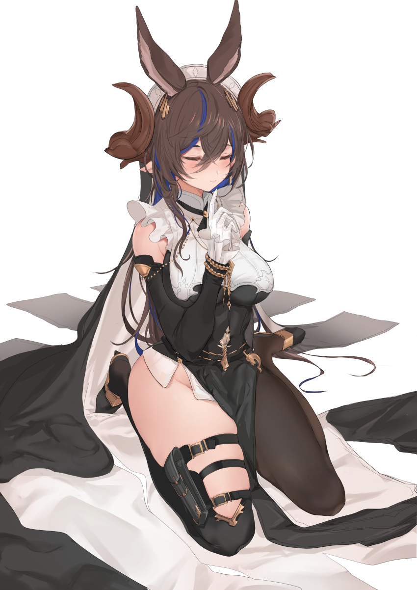 absurdres animal_ears asymmetrical_legwear black_dress blue_hair breast_curtain breasts brown_hair closed_eyes detached_sleeves dress extra_ears eyebrows_visible_through_hair frilled_sleeves frills full_body galleon_(granblue_fantasy) gloves granblue_fantasy hand_up high_heels highres holster horns index_finger_raised large_breasts long_hair maria_(syake-uni) multicolored_hair no_panties pelvic_curtain pointy_ears seiza single_leg_pantyhose single_thighhigh sitting sleeveless sleeveless_dress smile thigh-highs thigh_holster thighs white_background white_gloves