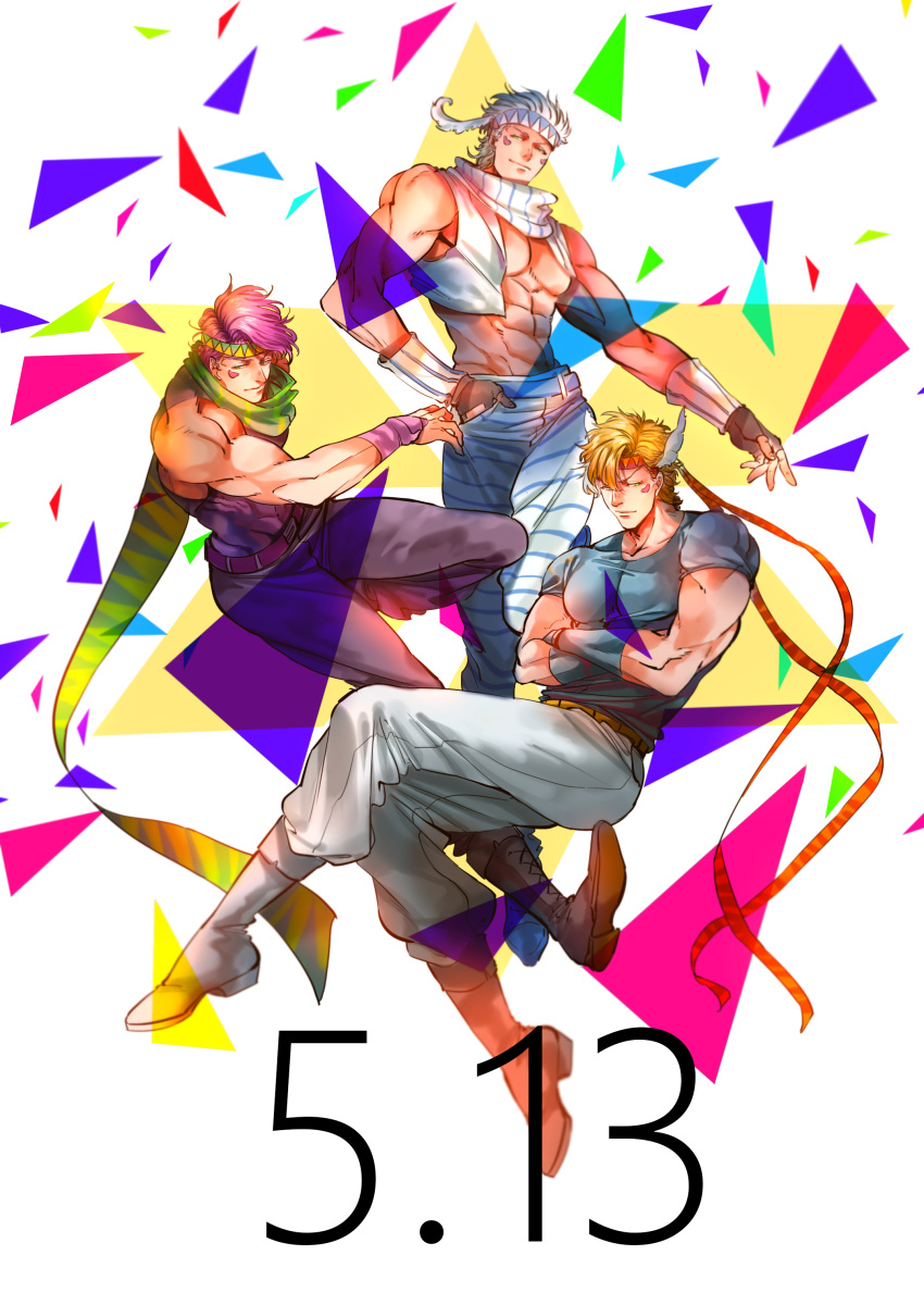 3boys absurdres alternate_costume alternate_hair_color bangs bare_pectorals bare_shoulders blonde_hair boots caesar_anthonio_zeppeli crossed_arms dated edwintarm facial_mark feather_hair_ornament feathers fingerless_gloves gloves green_eyes hair_ornament headband highres jojo_no_kimyou_na_bouken male_focus multiple_boys multiple_persona pants pectorals pink_hair scarf striped striped_pants striped_scarf swept_bangs triangle_print vest white_hair