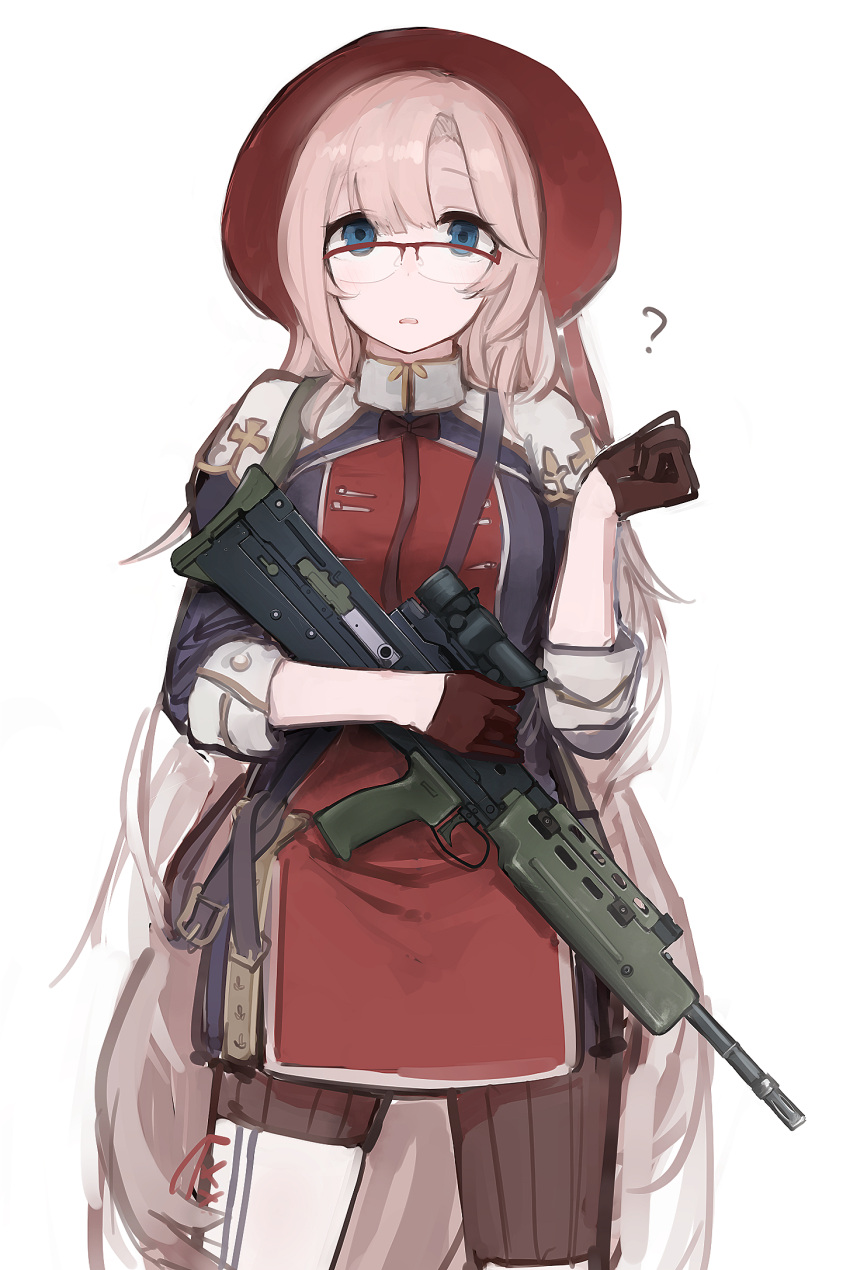 1girl ? assault_rifle asymmetrical_legwear bangs black_legwear blue_eyes brown_gloves bullpup eyebrows_visible_through_hair feet_out_of_frame girls_frontline glasses gloves gun hair_between_eyes highres holding holding_gun holding_weapon l85 l85a1_(girls'_frontline) long_hair looking_at_viewer open_mouth pink_hair rampart1028 red_headwear rifle solo standing uniform weapon white_background