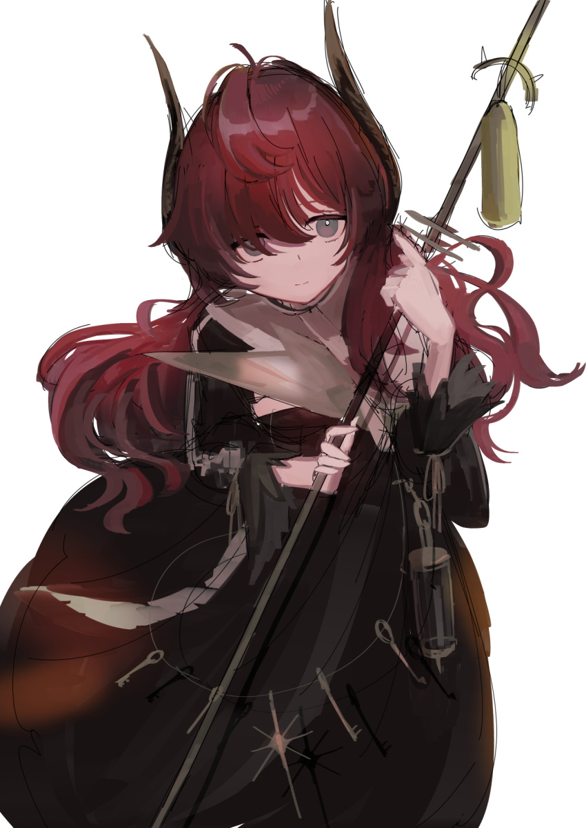 1girl arknights bangs black_dress closed_mouth copyright_request domma_(arknights) dress eyebrows_visible_through_hair grey_eyes hair_over_one_eye hemorina highres holding horns long_sleeves redhead simple_background sketch solo white_background