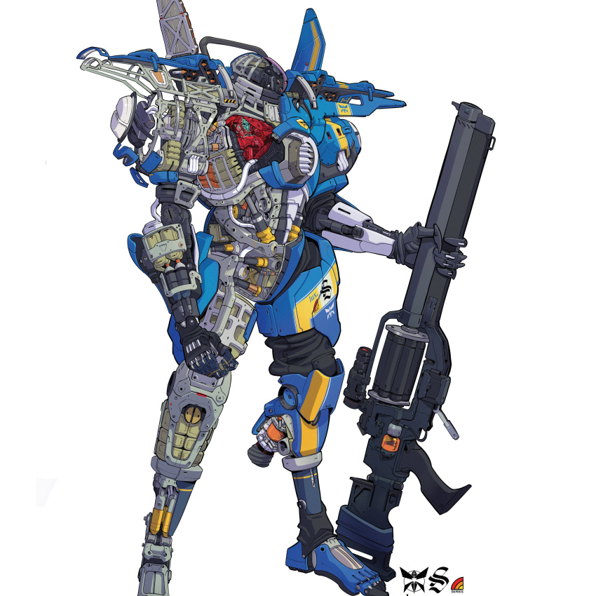 1boy absurdres cable clenched_hand cockpit english_commentary gun helmet highres holding holding_gun holding_weapon lancer_rpg mecha monarch_(lancer_rpg) official_art olympia_sweetman piston red_eyes science_fiction solo standing thrusters weapon white_background x-ray