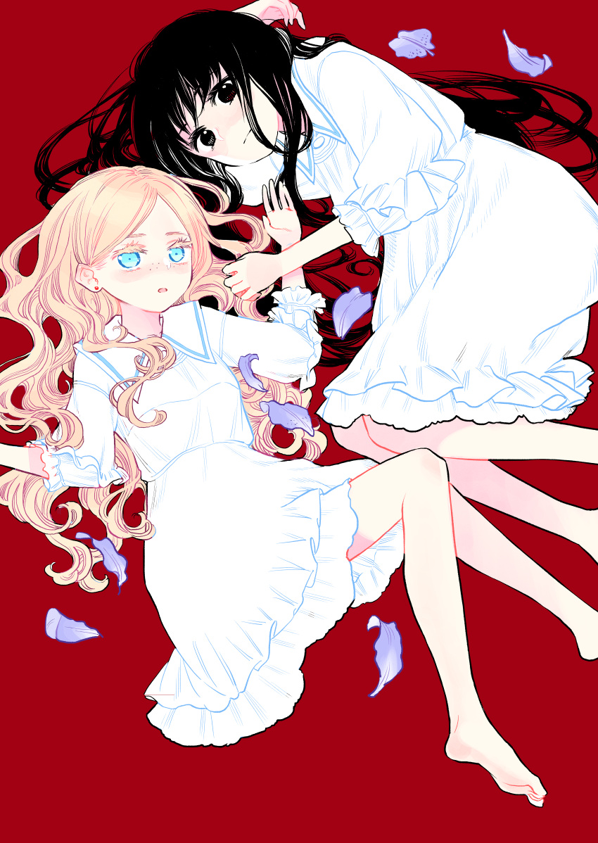 2girls absurdres bare_legs barefoot black_eyes black_hair blonde_hair blue_eyes closed_mouth commentary_request curly_hair dress earrings flower futari_escape highres jewelry kouhai_(futari_escape) long_hair long_sleeves multiple_girls parted_lips petals purple_flower red_background senpai_(futari_escape) simple_background stud_earrings taguchi_shouichi white_dress