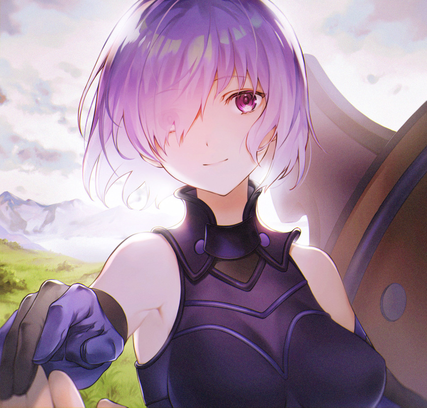 1girl 1other armor bare_shoulders black_armor black_gloves breastplate closed_mouth clouds cloudy_sky commentary_request elbow_gloves eyebrows_visible_through_hair eyes_visible_through_hair fate/grand_order fate_(series) gloves grass hair_over_one_eye highres holding holding_shield holding_weapon light_purple_hair looking_at_viewer mash_kyrielight mountain out_of_frame outdoors pov purple_gloves shield short_hair sky smile tamayai two-tone_gloves violet_eyes weapon