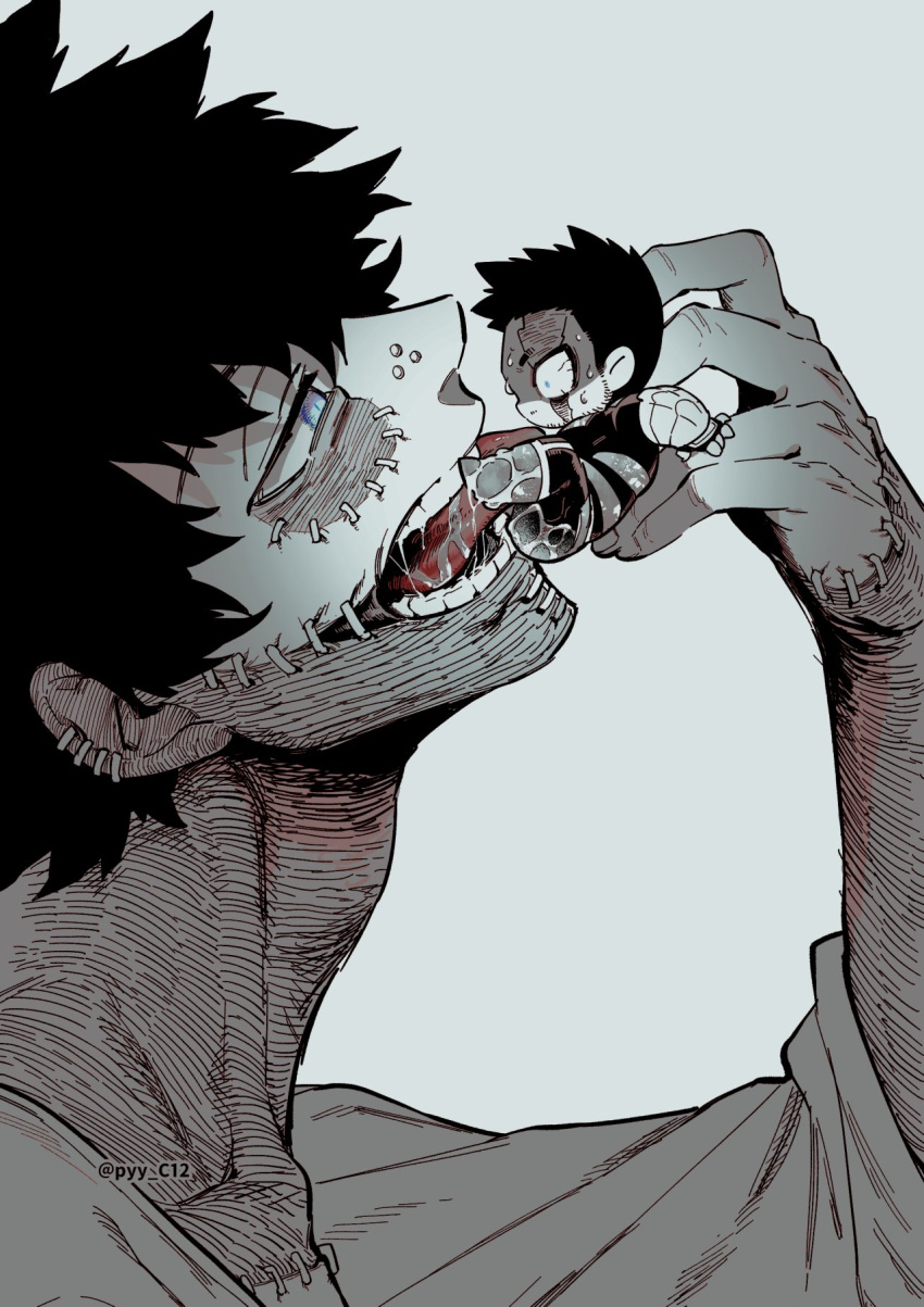 2boys adam's_apple beard blue_eyes boku_no_hero_academia boots burn_scar chibi costume dabi_(boku_no_hero_academia) ear_piercing endeavor_(boku_no_hero_academia) facial_hair father_and_son fingerless_gloves gloves greyscale highres holding_person kan_(pyy_c12) licking male_focus monochrome multiple_boys mustache nose_piercing open_mouth panicking piercing resisting saliva scar scar_across_eye scar_on_arm scar_on_cheek scar_on_face scar_on_mouth scar_on_neck short_hair sideburns size_difference sleeves_pushed_up spiky_hair spot_color stapled stubble sweatdrop teeth twitter_username very_short_hair