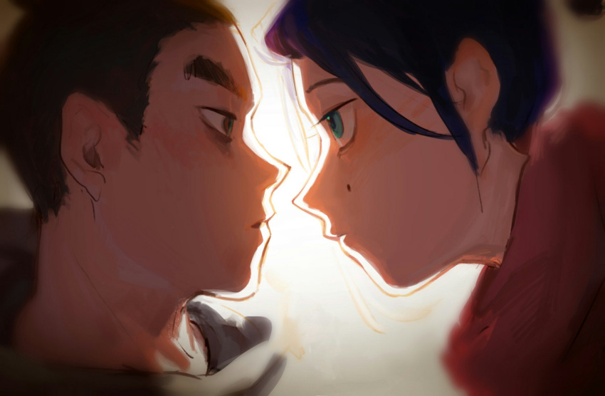 1boy 1girl backlighting black_hair blue_hair blush brown_eyes chinese_commentary closed_mouth commentary_request eye_contact face face-to-face from_side godzillapigeon1 green_eyes highres light_blush looking_at_another mole mole_under_eye profile red_scarf scarf scissor_seven seven_(scissor_seven) shirt short_hair sidelocks simple_background sketch thirteen_(scissor_seven) white_background white_shirt