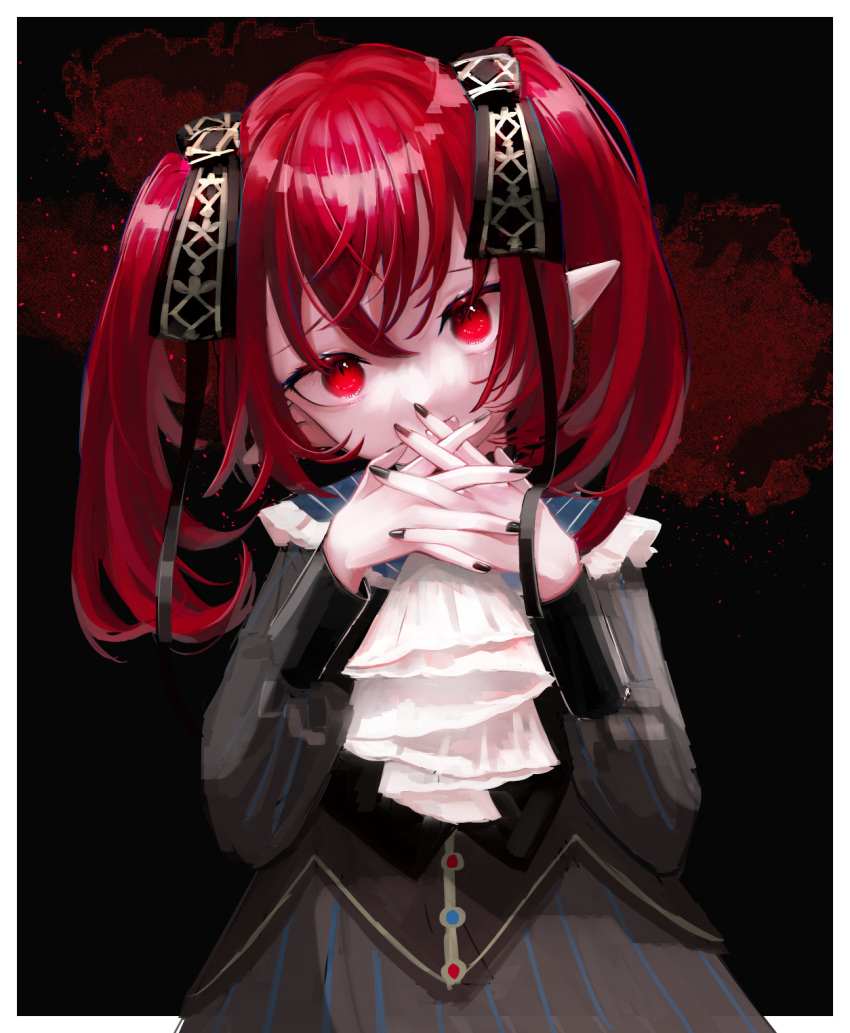 :d bangs black_bow black_nails bow character_request dress fangs grey_dress hair_bow hands_up head_tilt hemorina highres interlocked_fingers long_sleeves looking_at_viewer nail_polish own_hands_together pointy_ears puffy_long_sleeves puffy_sleeves puzzle_&amp;_dragons red_eyes redhead smile striped striped_dress twintails vertical-striped_dress vertical_stripes