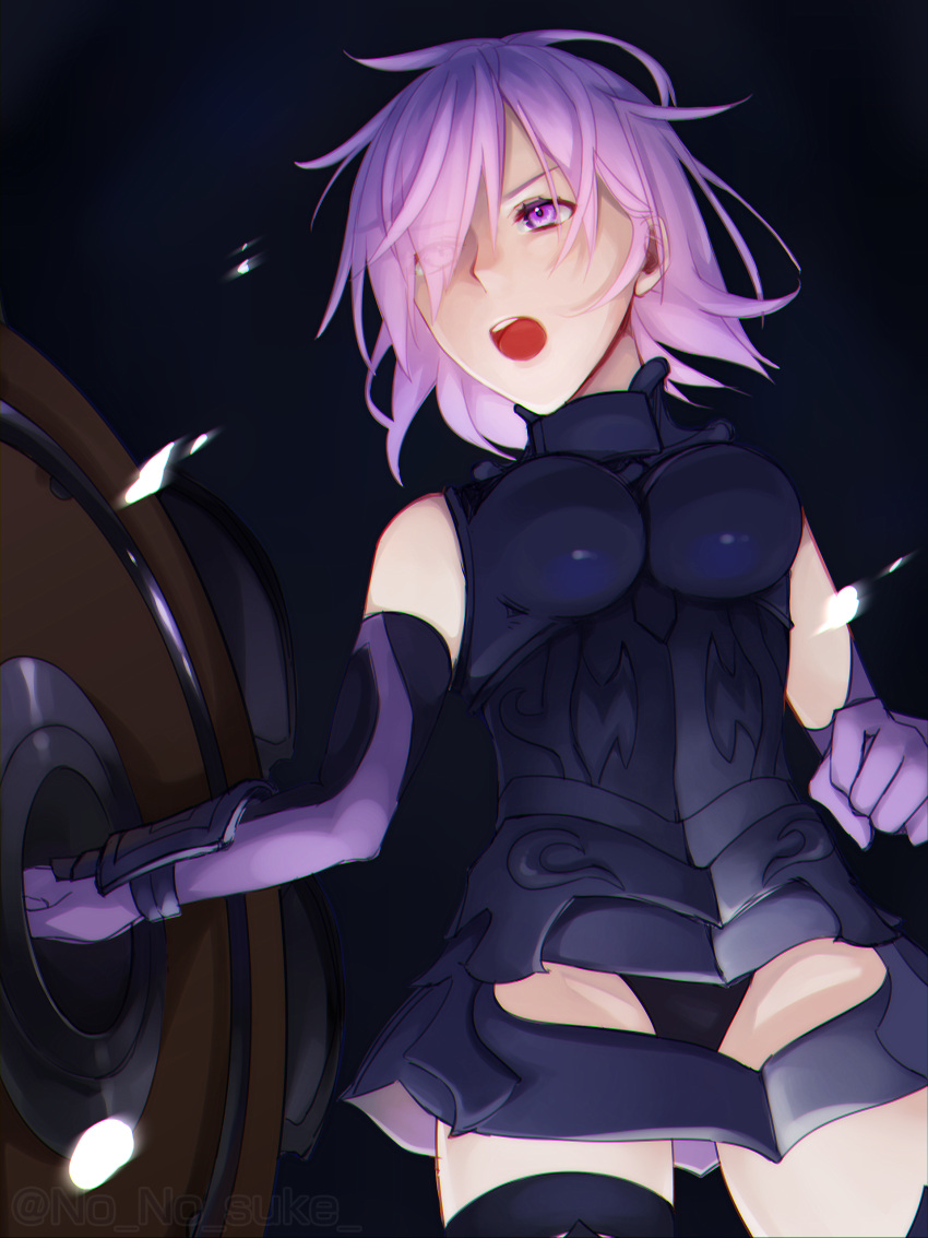 1girl 1other armor bare_shoulders black_armor black_gloves breastplate closed_mouth clouds cloudy_sky commentary_request elbow_gloves eyebrows_visible_through_hair eyes_visible_through_hair fate/grand_order fate_(series) gloves grass hair_over_one_eye highres holding holding_shield holding_weapon light_purple_hair looking_at_viewer mash_kyrielight mountain no_no_suke out_of_frame outdoors pov purple_eyes purple_gloves shield short_hair sky smile two-tone_gloves weapon