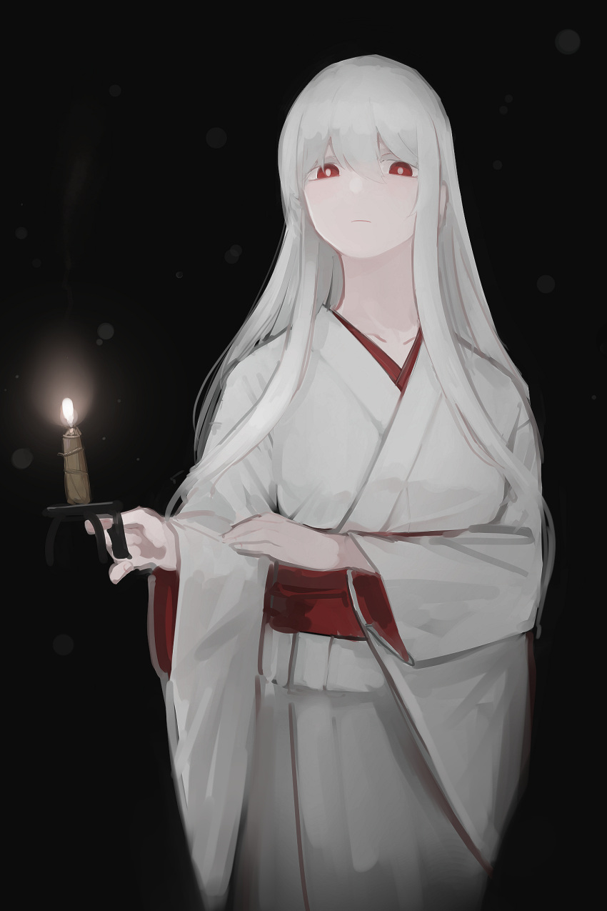 1girl bangs black_background candle closed_mouth collarbone expressionless eyebrows_visible_through_hair feet_out_of_frame highres holding holding_candle japanese_clothes kimono long_hair looking_at_viewer original rampart1028 red_eyes solo standing white_hair white_kimono