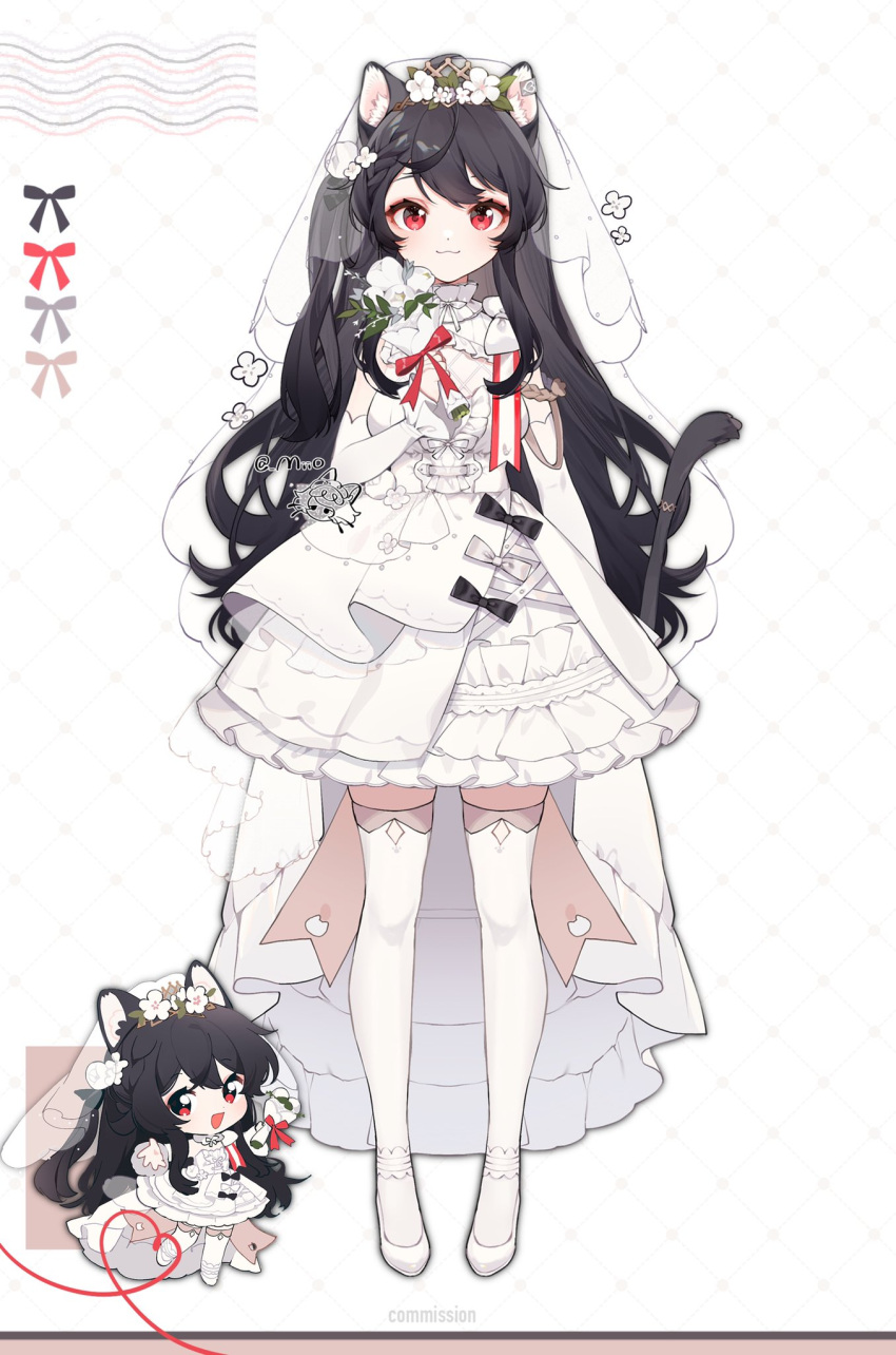 1girl :3 animal_ear_fluff animal_ears arin_(fanfan013) bangs black_hair bridal_veil bride chibi chibi_inset commentary copyright_request dress frilled_dress frills highres long_hair looking_at_viewer red_eyes smile solo tail thigh-highs veil very_long_hair wedding_dress white_dress white_legwear