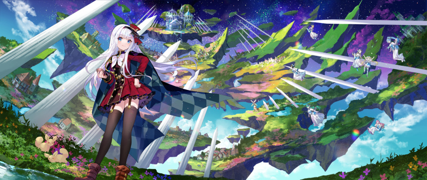 6+girls bangs black_legwear blue_eyes blunt_bangs blurry cape checkered cloak closed_mouth clouds commentary_request depth_of_field dress eyebrows_visible_through_hair fantasy floating floating_island fuzichoco garter_straps hairband hand_on_hip hat kenja_no_deshi_wo_nanoru_kenja lens_flare long_hair long_sleeves multiple_girls neck_ribbon perspective pillar rabbit red_dress ribbon scenery sky smile solo_focus standing star_(sky) starry_sky thigh-highs white_dress white_hair