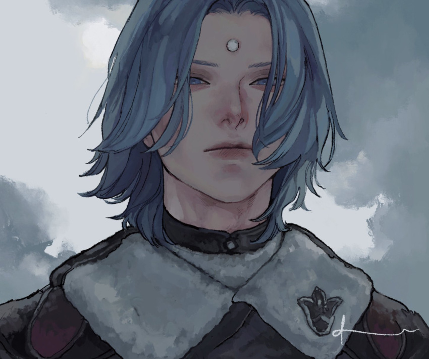 1boy blue_eyes blue_hair closed_mouth clouds cloudy_sky dadadadadaist final_fantasy final_fantasy_xiv fur_trim garlean grey_sky half-closed_eyes hatching_(texture) highres jullus_pyr_norbanus_(final_fantasy_xiv) looking_at_viewer male_focus medium_hair outdoors signature sky solo third_eye turtleneck upper_body winter_clothes