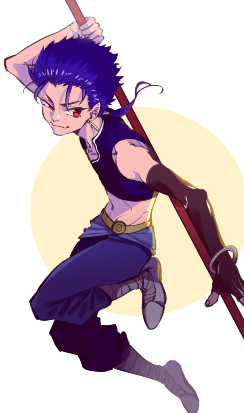 1boy absurdres blue_hair boots child crop_top cu_chulainn_(fate) edwintarm fate/grand_order fate/stay_night fate_(series) gae_bolg_(fate) highres long_hair male_focus midriff polearm ponytail red_eyes setanta_(fate) smirk solo spear weapon younger