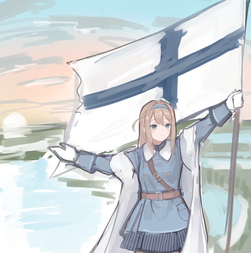 1girl absurdres bangs belt blonde_hair blue_coat blue_eyes blue_hairband blue_skirt blush brown_belt cloak closed_mouth coat eyebrows_visible_through_hair feet_out_of_frame finnish_flag flag girls_frontline gloves hairband highres holding holding_flag long_hair looking_away rampart1028 simple_background skirt solo standing suomi_(girls'_frontline) uwu white_cloak white_gloves winter_clothes winter_coat