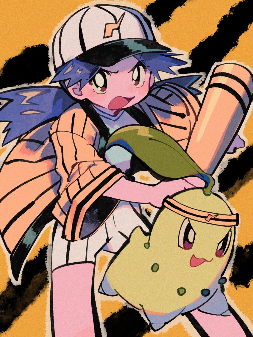 1girl baseball_cap bright_pupils brown_eyes casey_(pokemon) chikorita commentary_request hat headband highres holding jacket long_hair looking_at_viewer ok_ko19 open_clothes open_jacket open_mouth pokemon pokemon_(anime) pokemon_(classic_anime) pokemon_(creature) purple_hair shirt shorts spiky_hair tongue twintails white_headwear white_pupils white_shirt white_shorts yellow_jacket