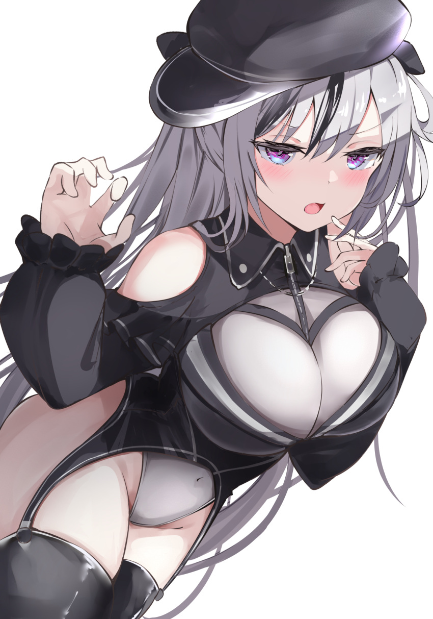 1girl azur_lane black_corset black_headwear black_legwear blush breasts clothing_cutout corset cowboy_shot cross dress elbe_(azur_lane) eyebrows_visible_through_hair fang frilled_dress frills from_above hair_between_eyes hat highres iron_cross large_breasts leotard leotard_under_clothes long_hair long_sleeves looking_up open_mouth peaked_cap runep shoulder_cutout silver_hair simple_background skin_fang smile solo thigh-highs underboob_cutout violet_eyes white_background white_leotard