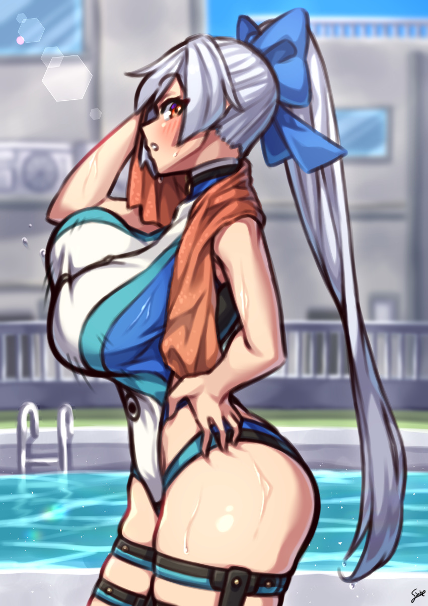 1girl absurdres bangs bare_shoulders blue_bow blue_swimsuit bow breasts coffeelove68 fate/grand_order fate_(series) hair_between_eyes hair_bow highleg highleg_swimsuit highres large_breasts long_hair looking_at_viewer one-piece_swimsuit open_mouth ponytail pool poolside red_eyes silver_hair solo swimsuit thigh_strap thighs tomoe_gozen_(fate) tomoe_gozen_(swimsuit_saber)_(fate) towel two-tone_swimsuit unaligned_breasts water wet white_swimsuit