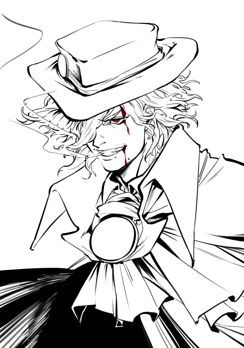 &gt;:) 1boy blood blood_in_mouth blood_on_face cape cigarette edmond_dantes_(fate) edwintarm fate/grand_order fate_(series) fedora grin hat highres male_focus monochrome smile smoking solo spot_color v-shaped_eyebrows wavy_hair wing_collar
