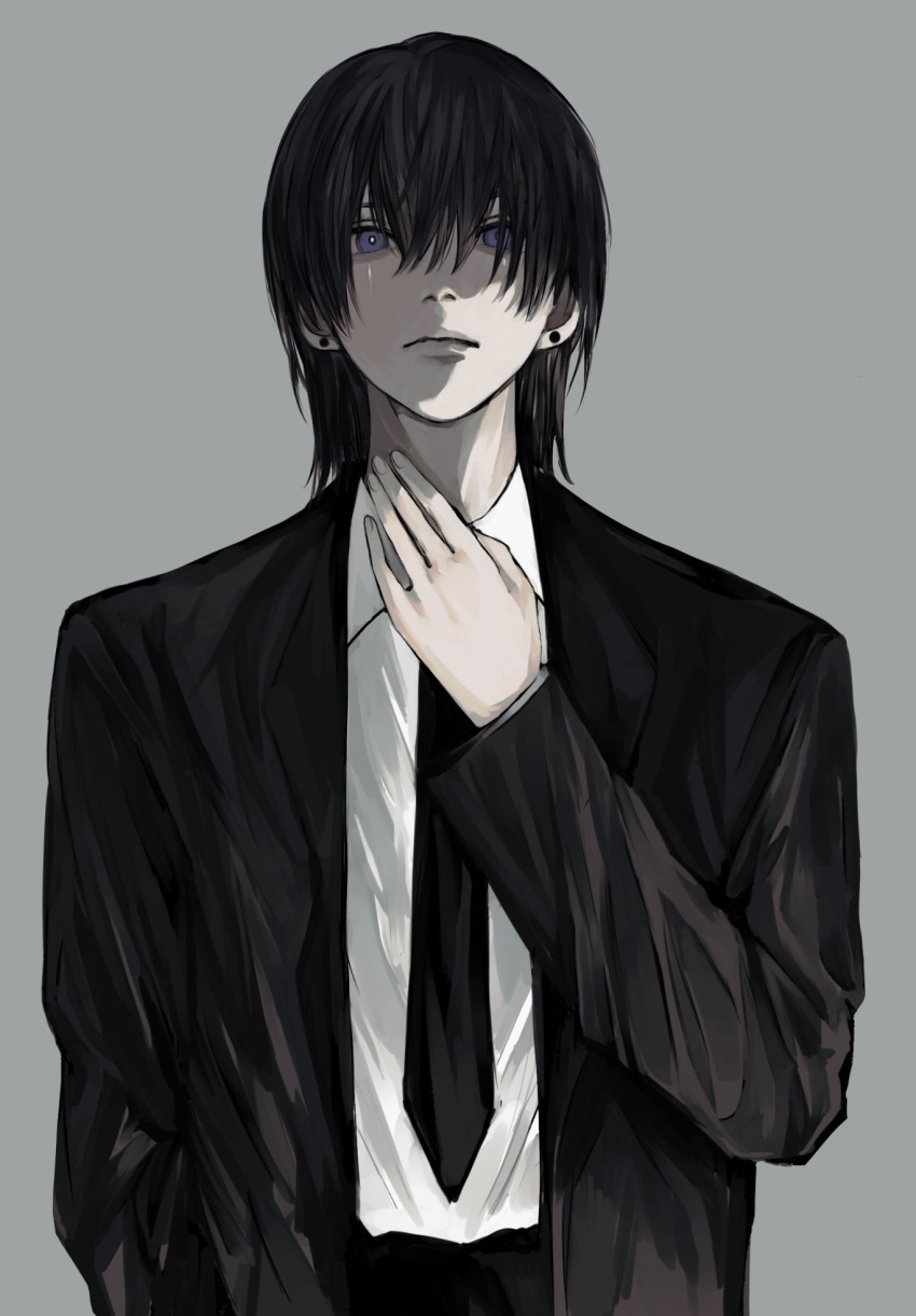 1boy black_hair black_necktie black_neckwear bright_pupils chainsaw_man closed_mouth earrings fingernails grey_background hand_in_pocket hayakawa_aki_(chainsaw_man) highres jewelry male_focus medium_hair necktie noroma02 shirt_tucked_in simple_background solo stud_earrings violet_eyes white_pupils